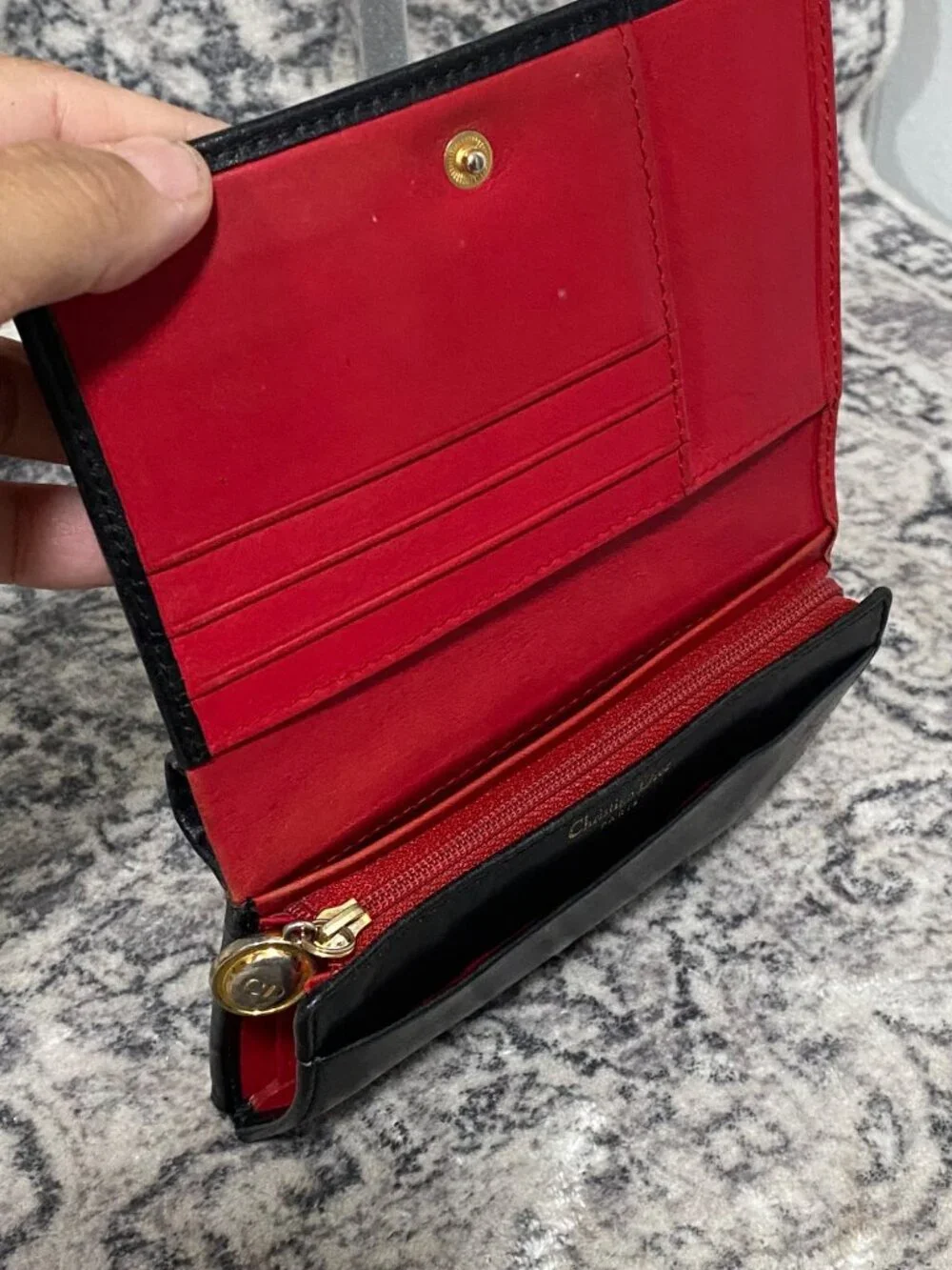 Christian Dior Bifold Leather Wallet With Red Interior & Card Slots